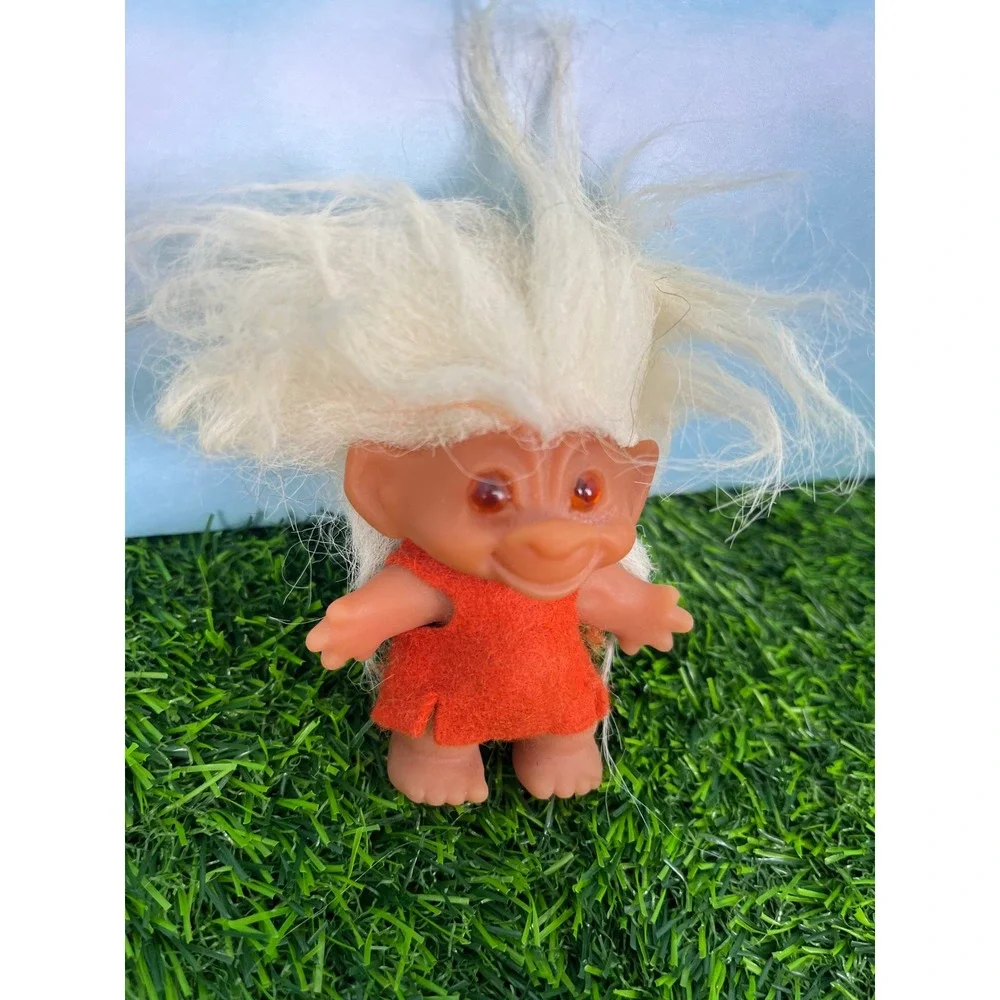 Vintage Thomas Dam Troll Doll White Hair Orange Eyes Red Outfit 3 Inch Toy